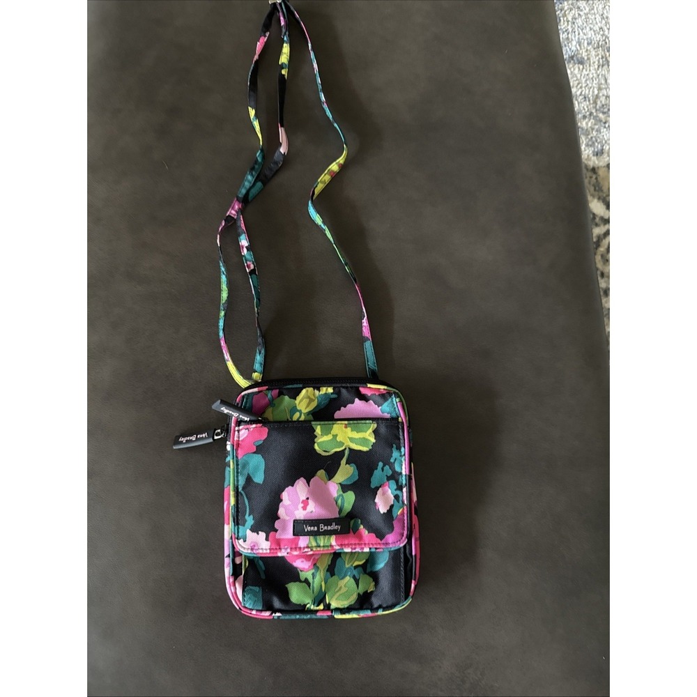 Vera Bradley Floral Rose Black Hipster Crossbody Shoulder Bag Purse